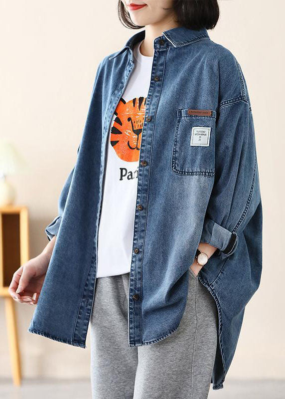 Blue Peter Pan Collar Oversized Applique Cotton Denim Coat Spring