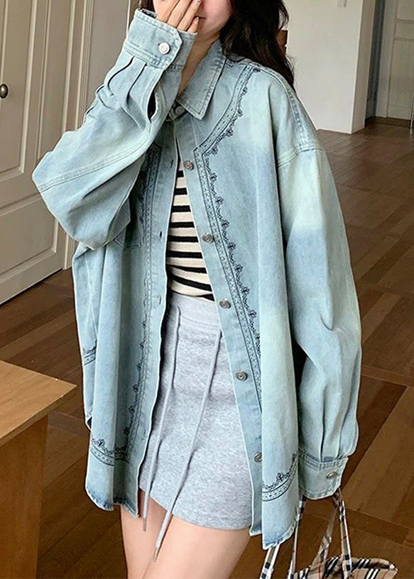 Blue Peter Pan Collar Patchwork Button Denim Shirt Spring