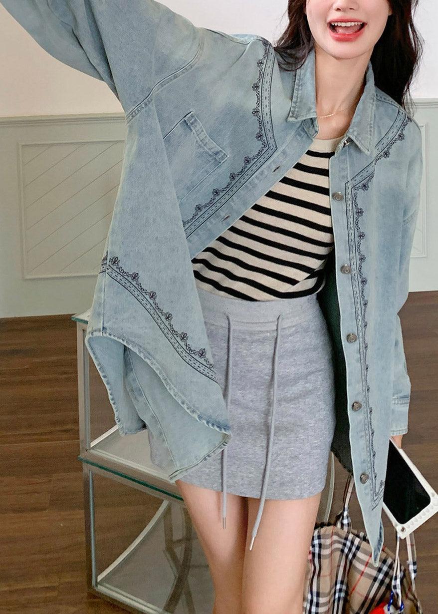 Casual Blue Peter Pan Collar Patchwork Button Denim Shirt Spring
