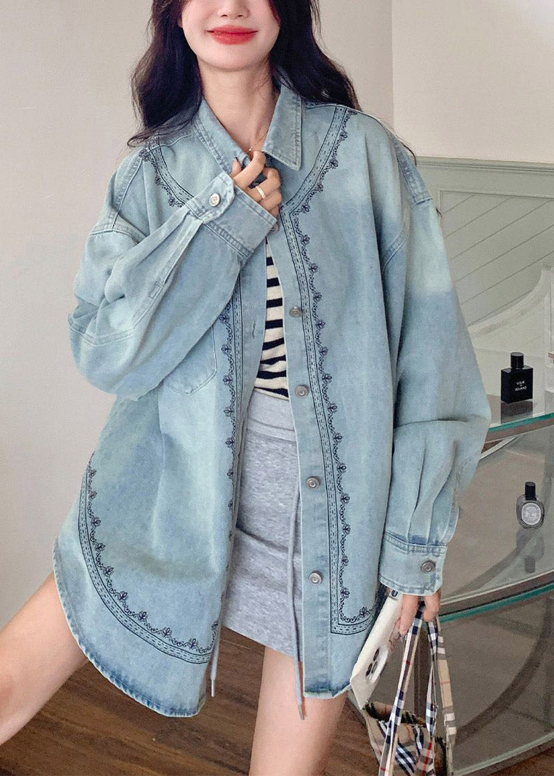 Blue Peter Pan Collar Patchwork Button Denim Shirt Spring