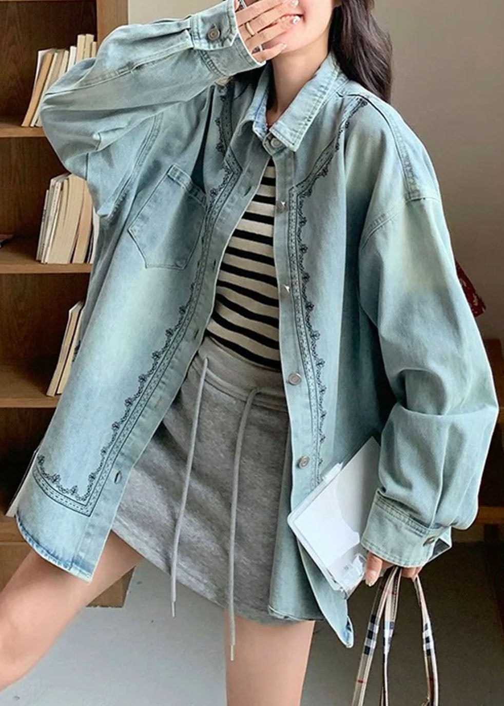 Casual Blue Peter Pan Collar Patchwork Button Denim Shirt Spring