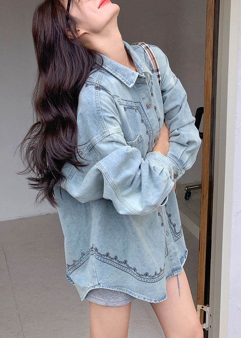 Blue Peter Pan Collar Patchwork Button Denim Shirt Spring