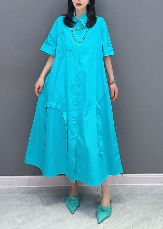 Blue Peter Pan Collar Patchwork Cotton Shirts Dress Summer