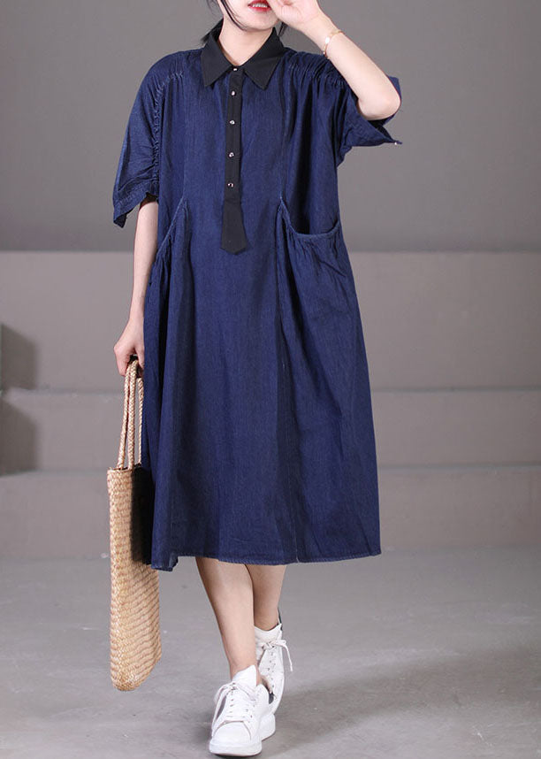 Blue Peter Pan Collar Patchwork Wrinkled Cotton Vacation Denim Dresses Short Sleeve