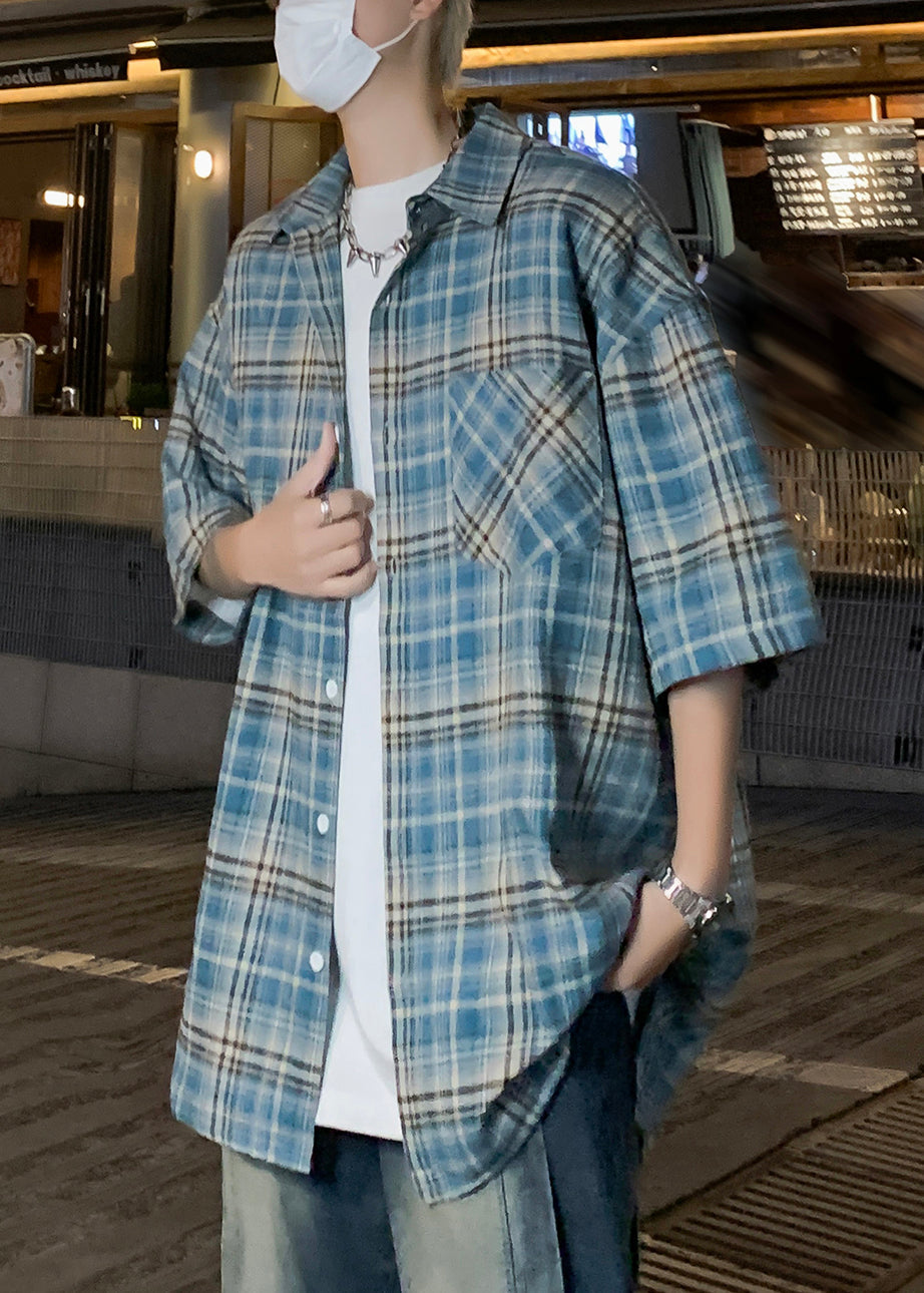 Blue Peter Pan Collar Plaid Button Cotton Mensshirts Summer