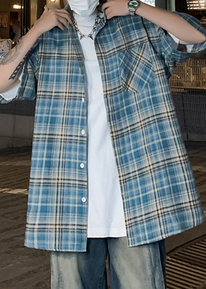 Blue Peter Pan Collar Plaid Button Cotton Mensshirts Summer