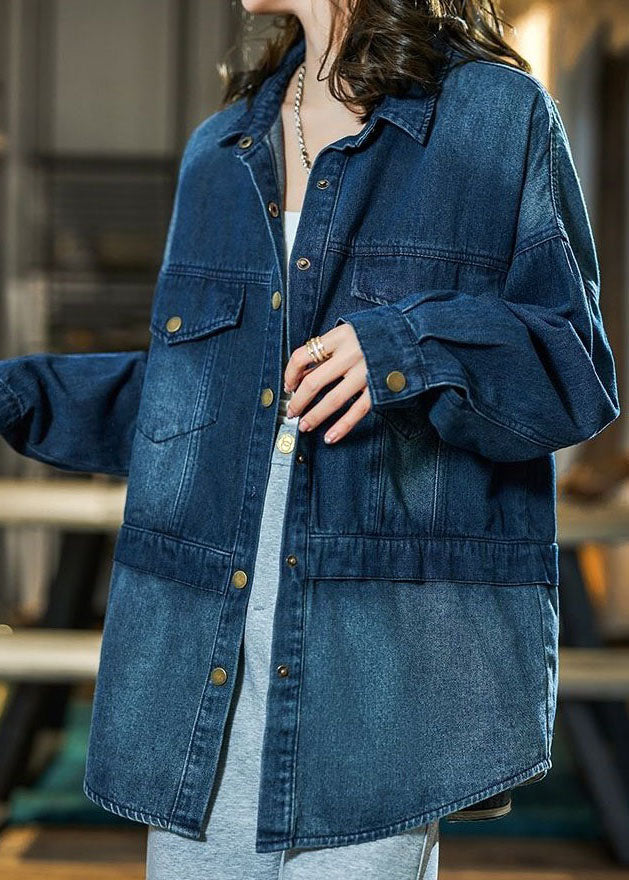 Blue Peter Pan Collar Pockets Patchwork Cotton Shirts Top Fall