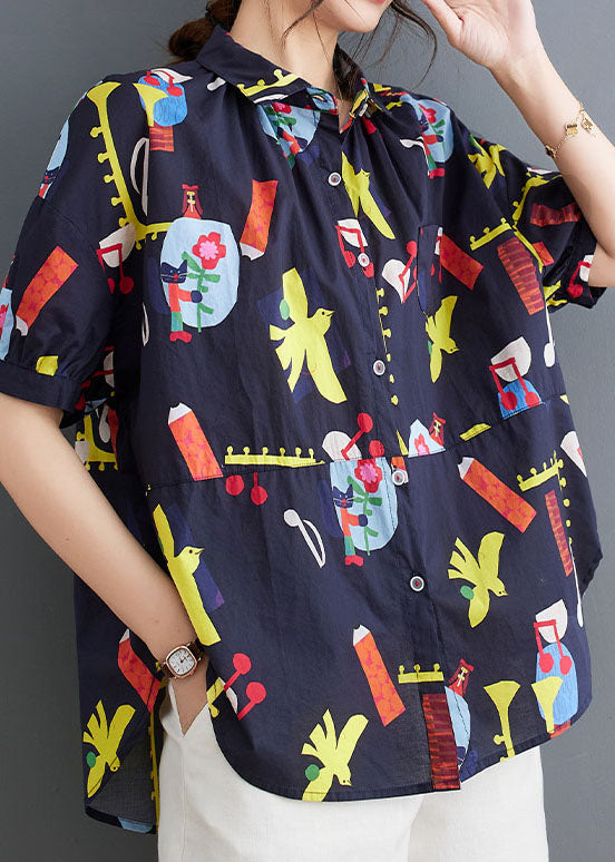 Blue Peter Pan Collar Print Patchwork Cotton Shirts Top Summer