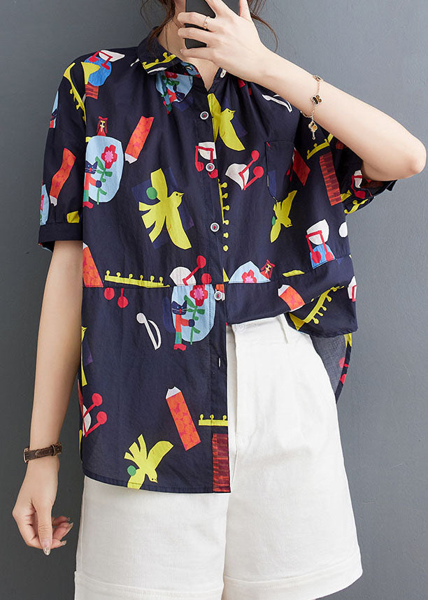 Blue Peter Pan Collar Print Patchwork Cotton Shirts Top Summer