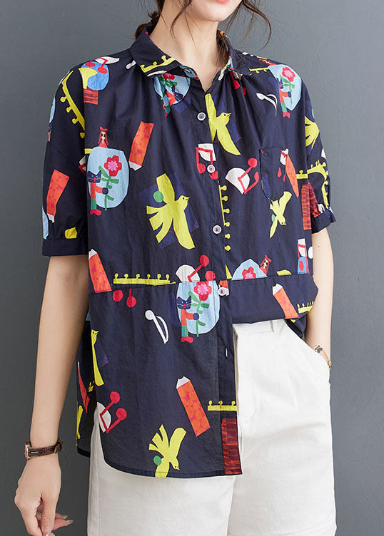 Blue Peter Pan Collar Print Patchwork Cotton Shirts Top Summer
