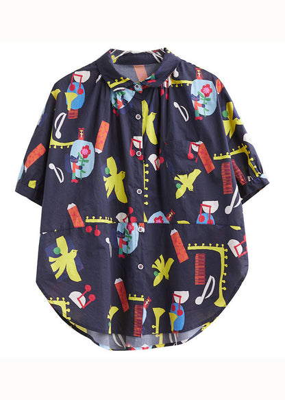 Blue Peter Pan Collar Print Patchwork Cotton Shirts Top Summer