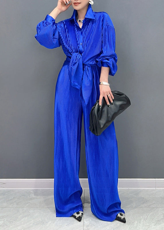 Blue Peter Pan Collar Shirts and Wide Leg Pants Two Piece Set Lantern Sleeve
