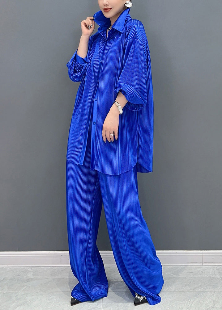 Blue Peter Pan Collar Shirts and Wide Leg Pants Two Piece Set Lantern Sleeve