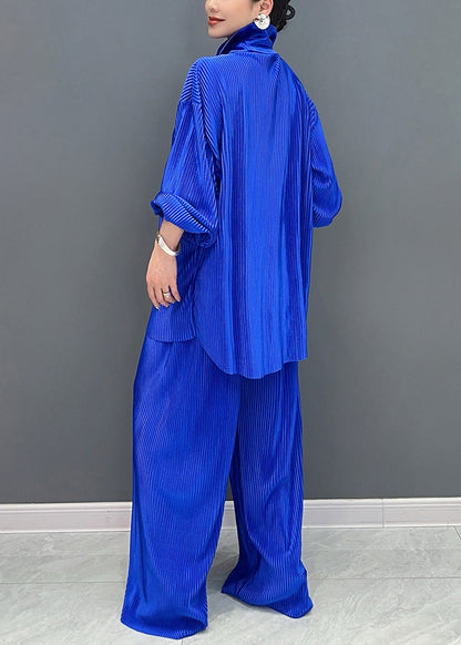 Blue Peter Pan Collar Shirts and Wide Leg Pants Two Piece Set Lantern Sleeve
