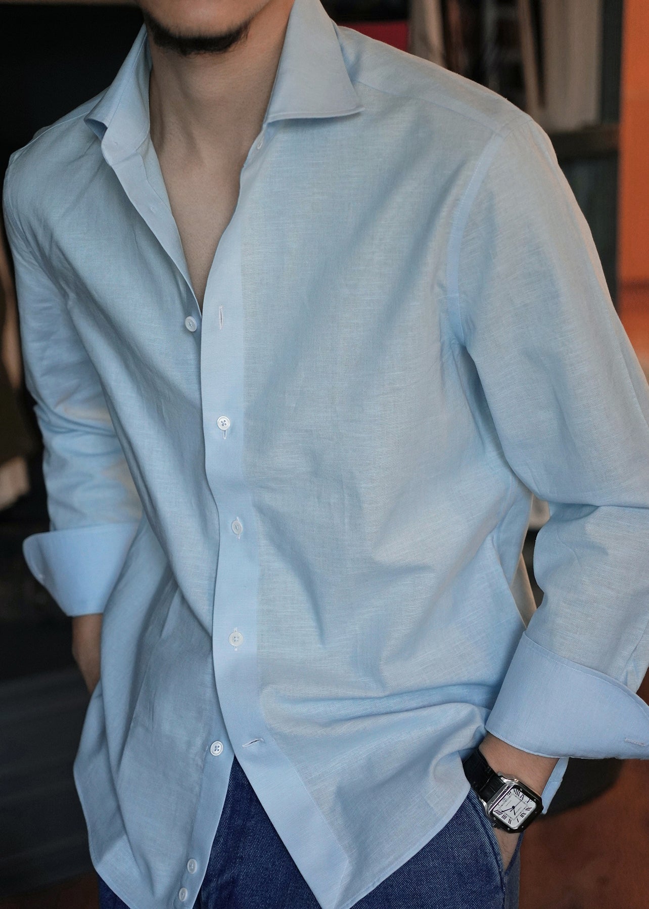 Casual Blue Peter Pan Collar Solid Linen Shirts Mens Fall