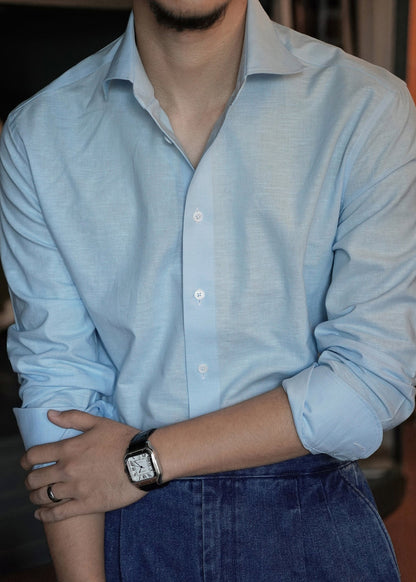 Casual Blue Peter Pan Collar Solid Linen Shirts Mens Fall