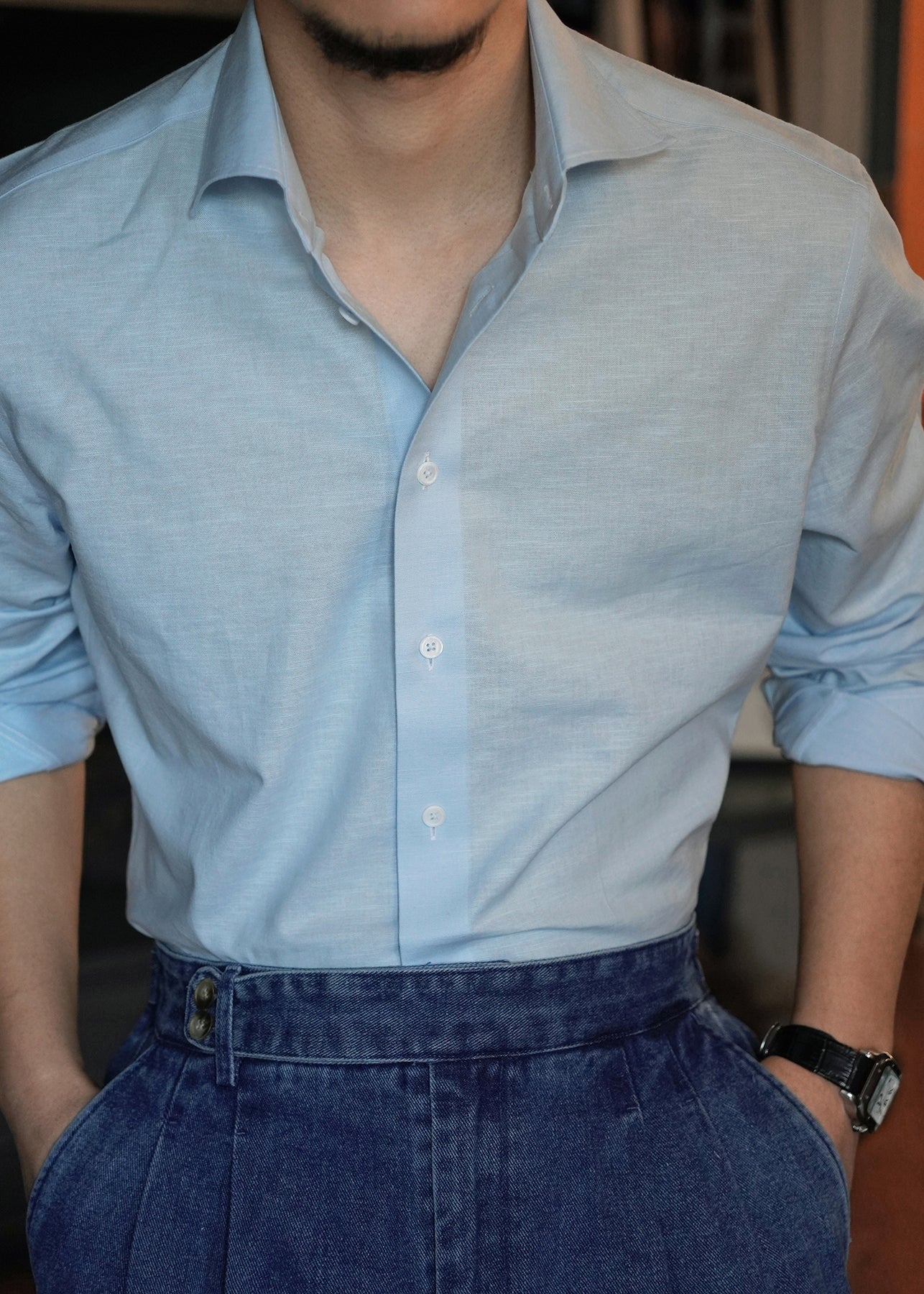 Casual Blue Peter Pan Collar Solid Linen Shirts Mens Fall