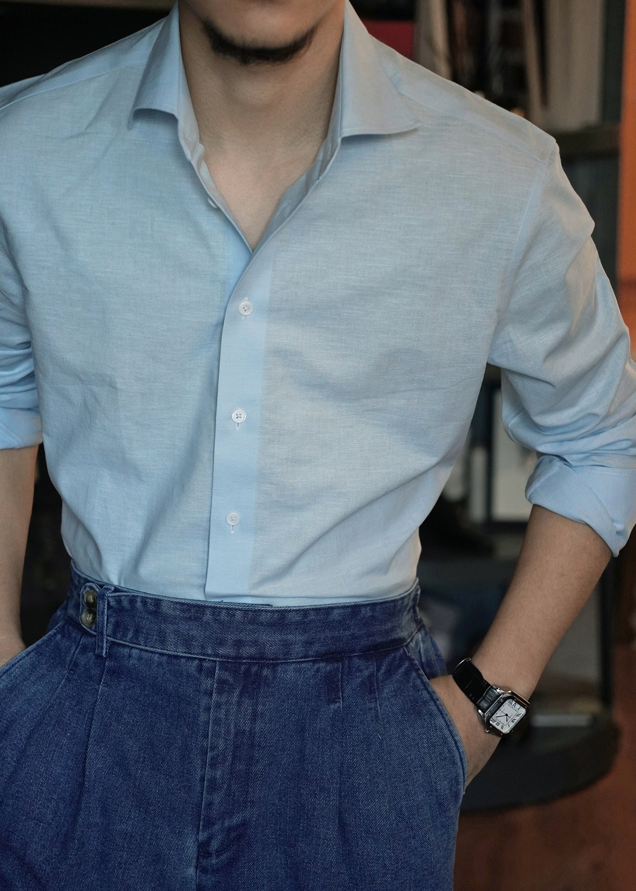 Casual Blue Peter Pan Collar Solid Linen Shirts Mens Fall