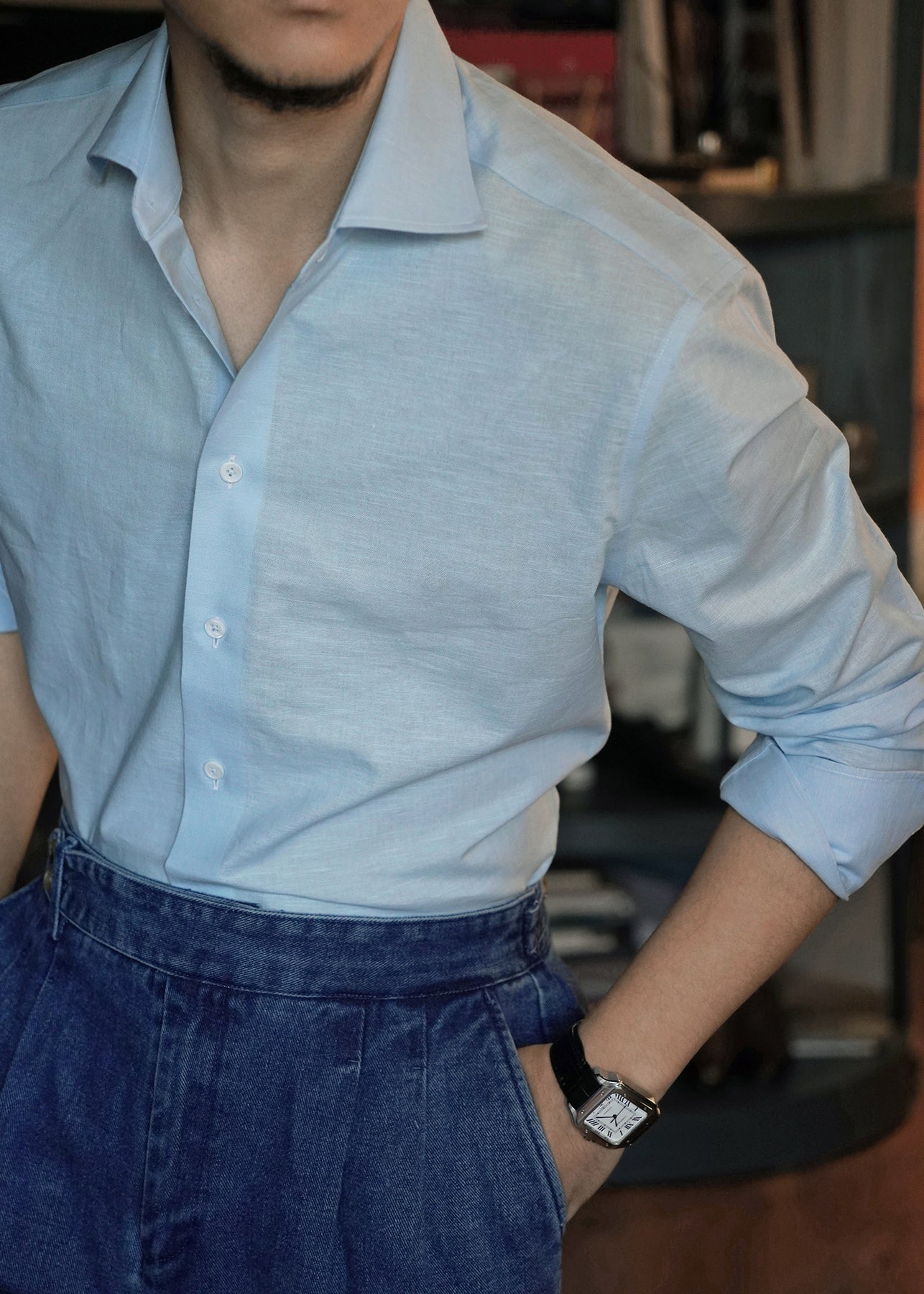 Casual Blue Peter Pan Collar Solid Linen Shirts Mens Fall