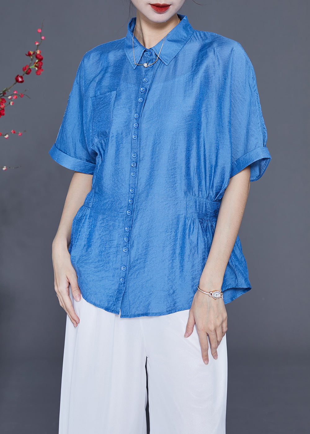 Blue Peter Pan Collar Wrinkled Silk Shirt Tops Summer