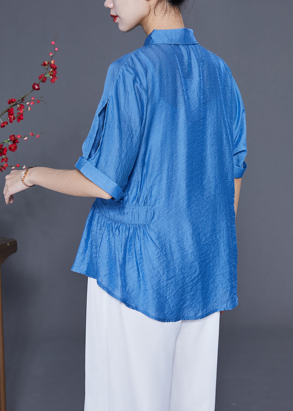 Blue Peter Pan Collar Wrinkled Silk Shirt Tops Summer
