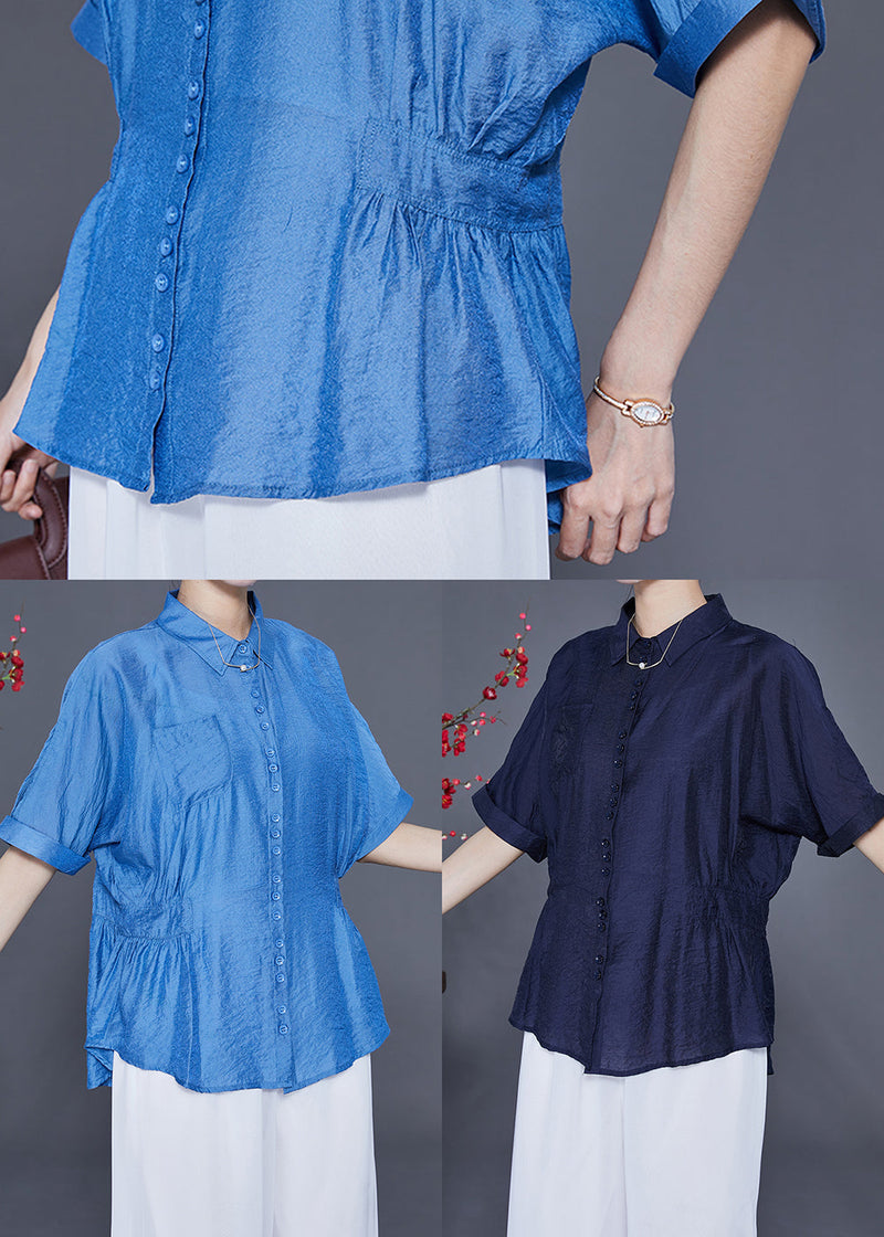 Blue Peter Pan Collar Wrinkled Silk Shirt Tops Summer