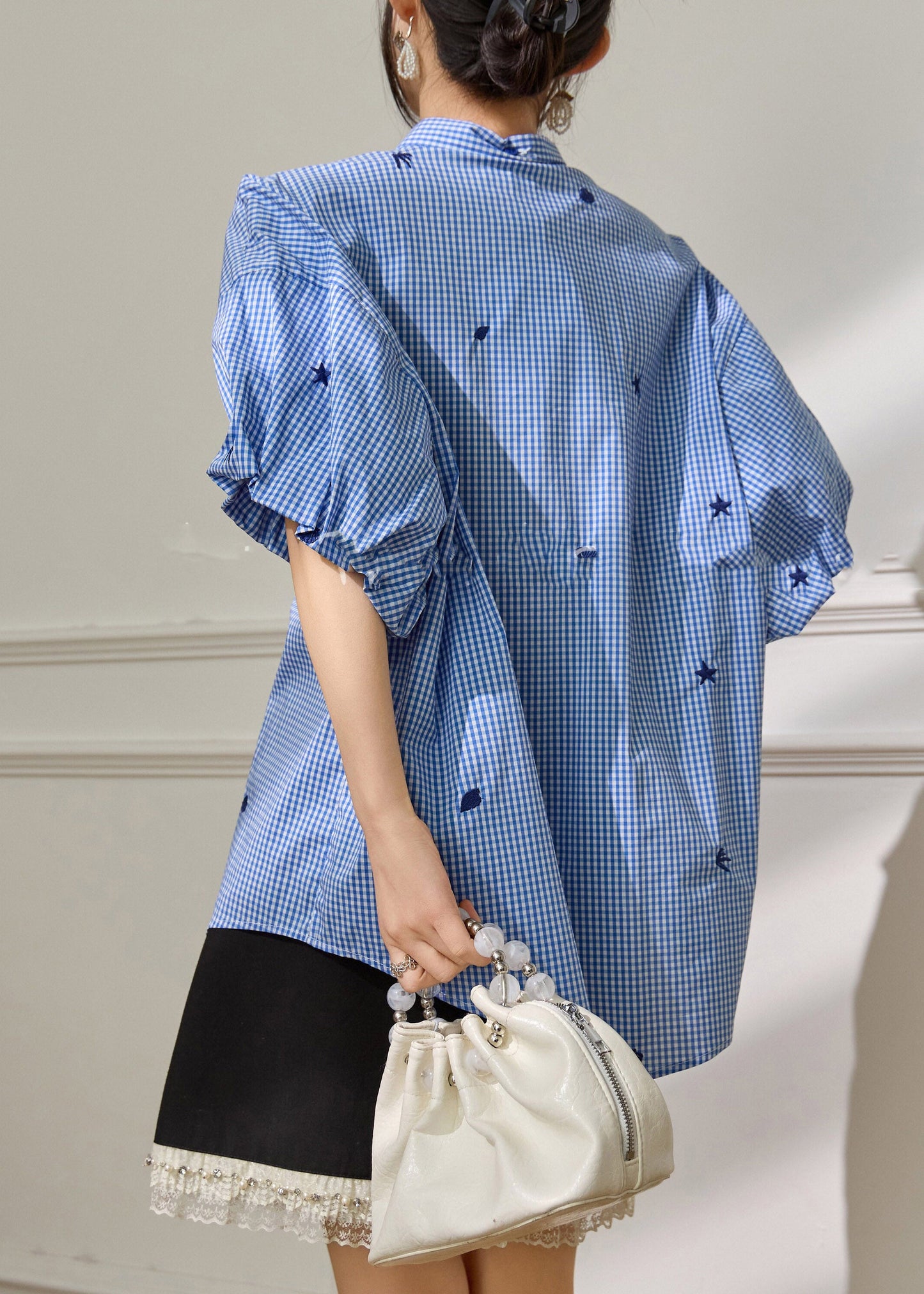 Blue Plaid Bow Button Shirts Half Sleeve