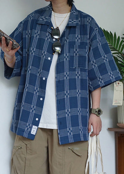 Blue Plaid Button Cotton Shirts Summer