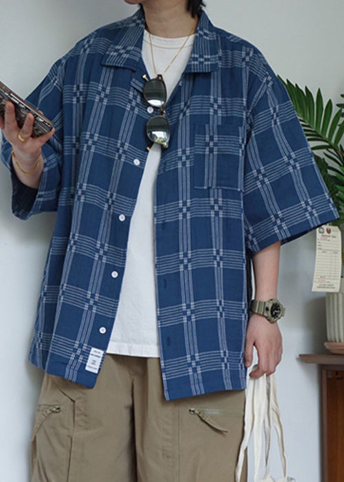 Blue Plaid Button Cotton Shirts Summer