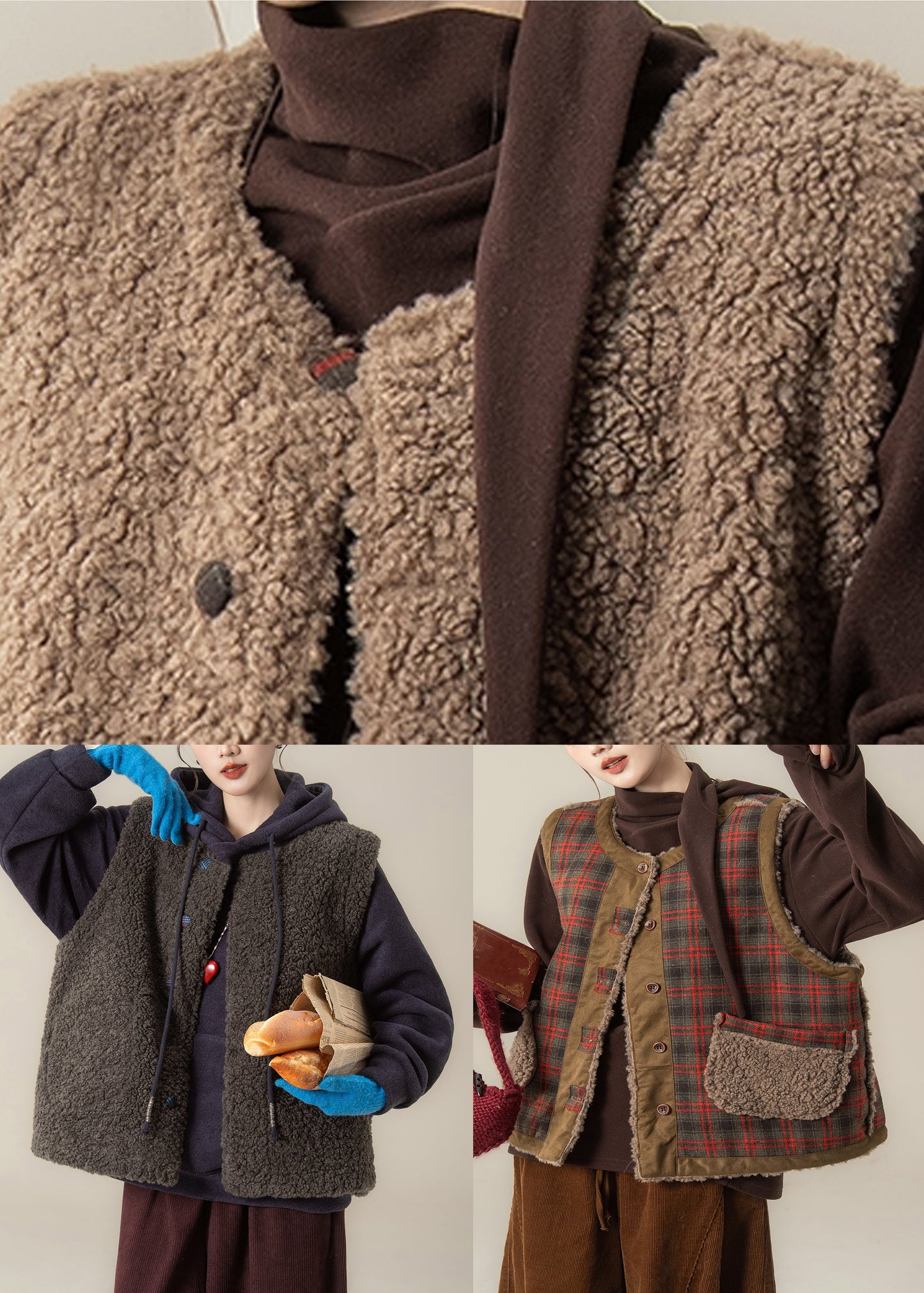 Blue Plaid O-neck Pockets Warm Faux Fur Waistcoat Winter