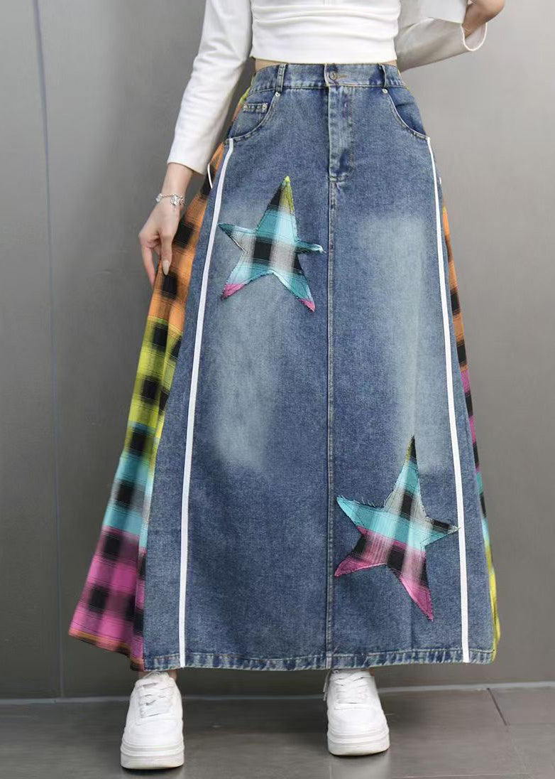 Blue Plaid Patchwork Patch Denim Maxi Skirts Spring