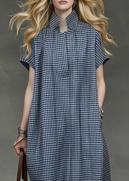 Blue Plaid Pockets Cotton Maxi Dresses Summer