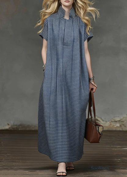 Blue Plaid Pockets Cotton Maxi Dresses Summer