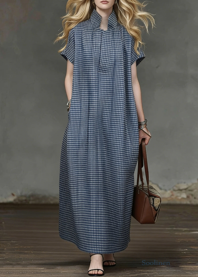 Blue Plaid Pockets Cotton Maxi Dresses Summer