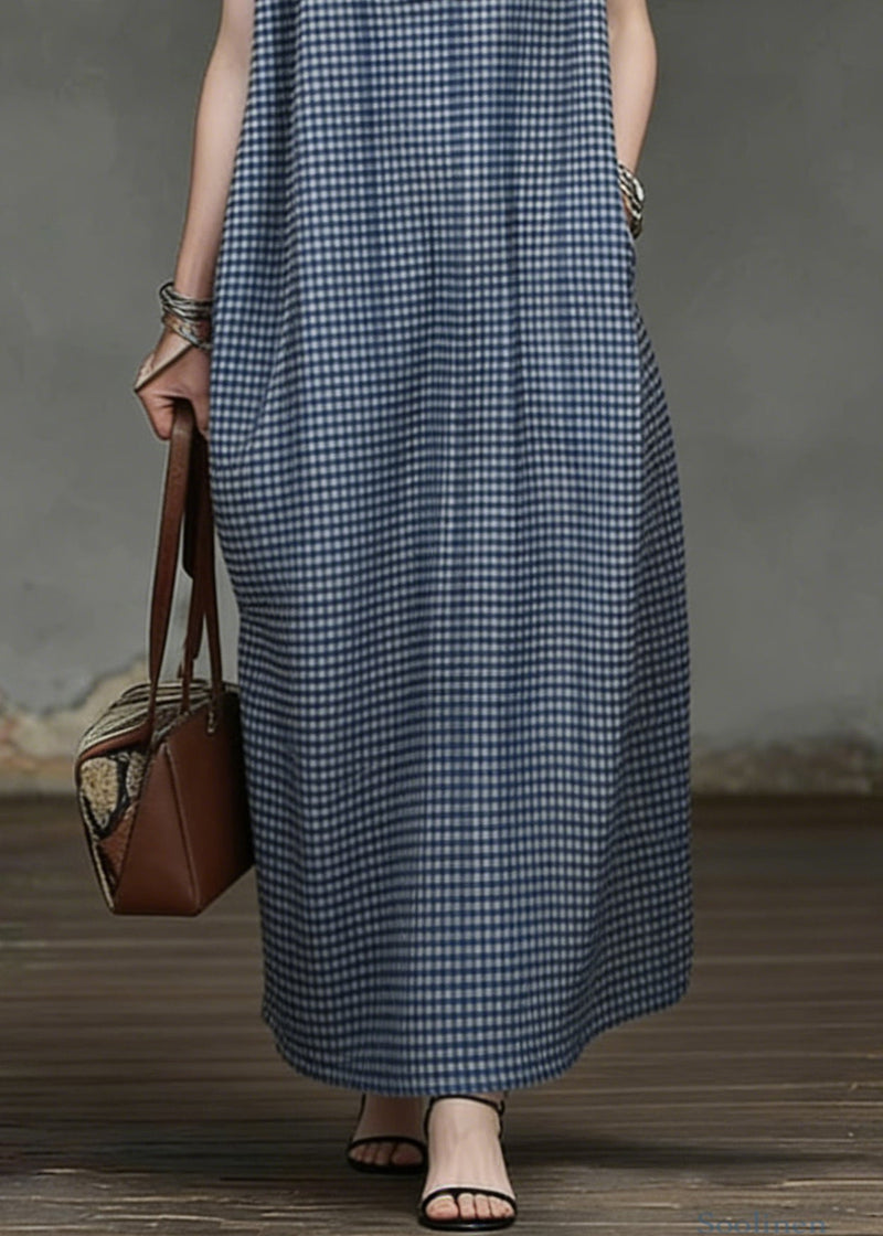 Blue Plaid Pockets Cotton Maxi Dresses Summer