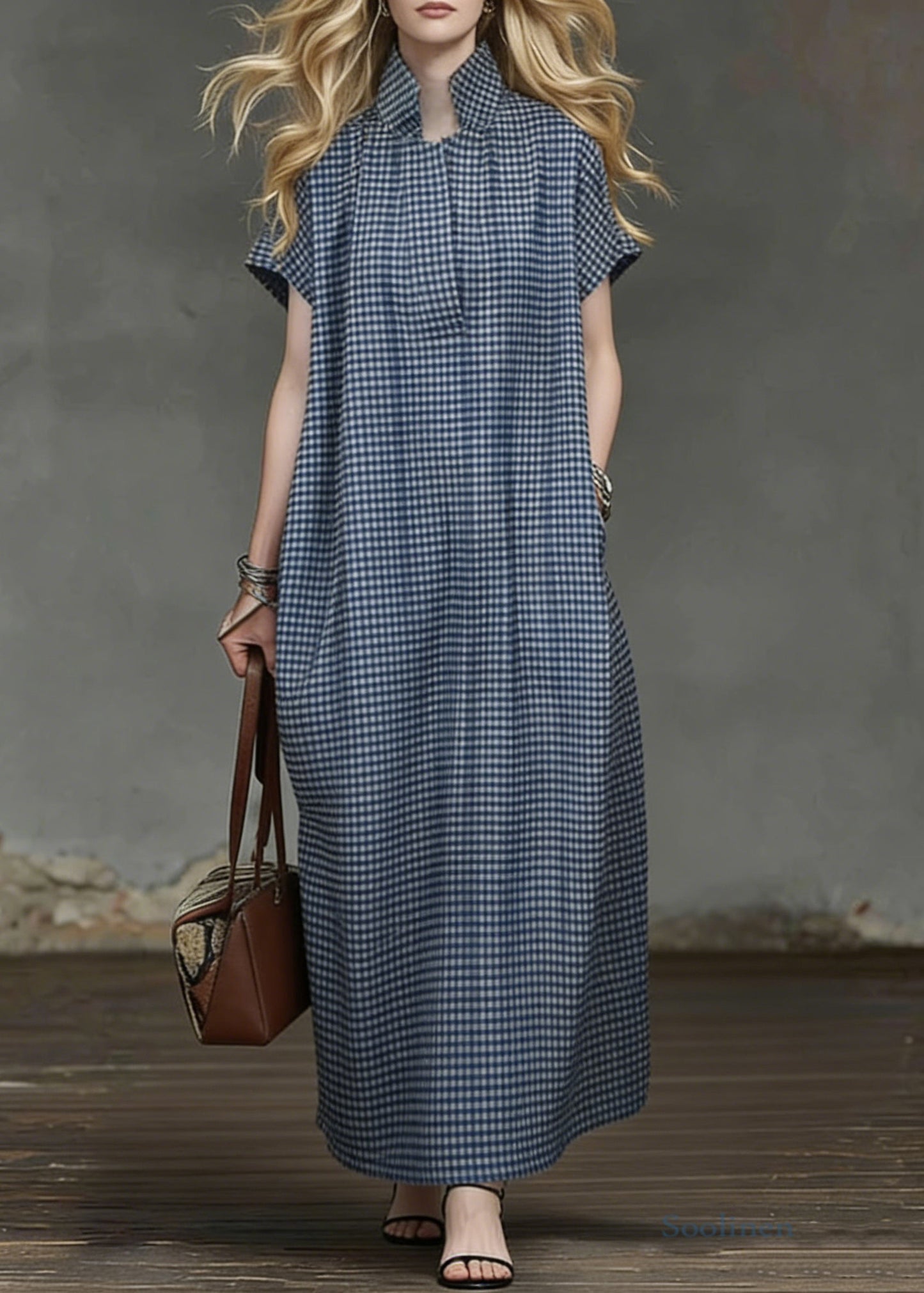 Blue Plaid Pockets Cotton Maxi Dresses Summer