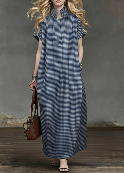 Blue Plaid Pockets Cotton Maxi Dresses Summer