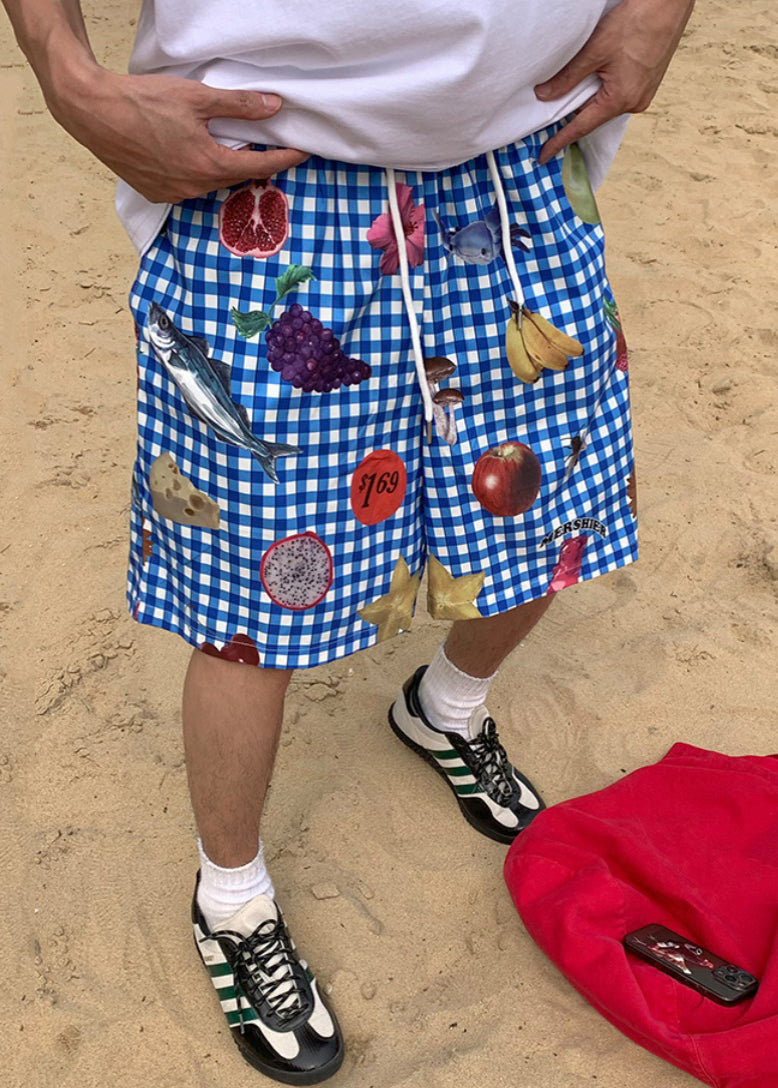 Blue Plaid Print Elastic Waist Cotton Beach Shorts Summer