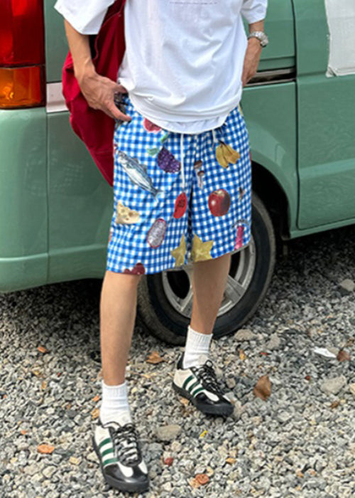 Blue Plaid Print Elastic Waist Cotton Beach Shorts Summer