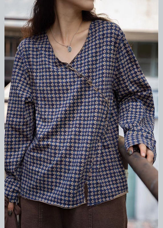 Blue Plaid V Neck Button Drawstring Fall Shirt Tops