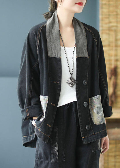 Blue Pockets Button Patchwork Print Fall Denim Long Sleeve Coat