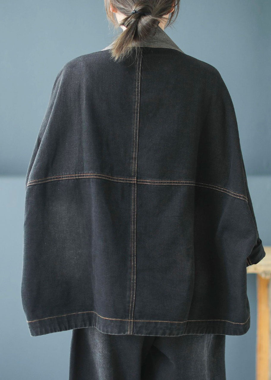 Blue Pockets Button Patchwork Print Fall Denim Long Sleeve Coat