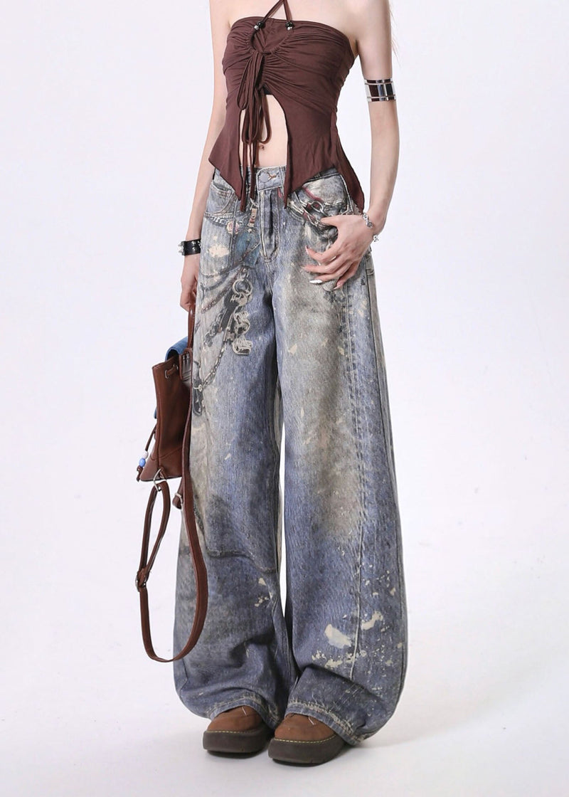 Blue Pockets Chain Print Denim Straight Pants Spring