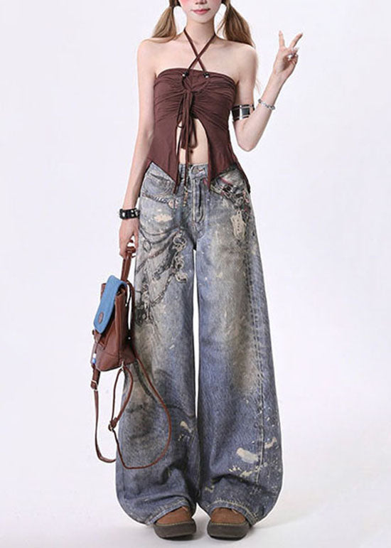 Blue Pockets Chain Print Denim Straight Pants Spring