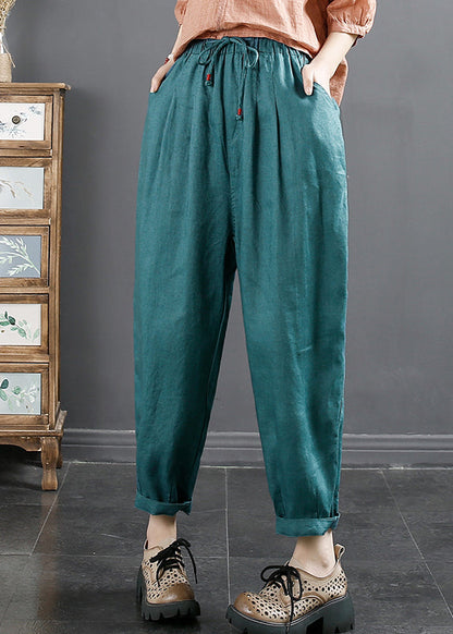 Blue Pockets Cinched Elastic Waist Linen Crop Pants Fall