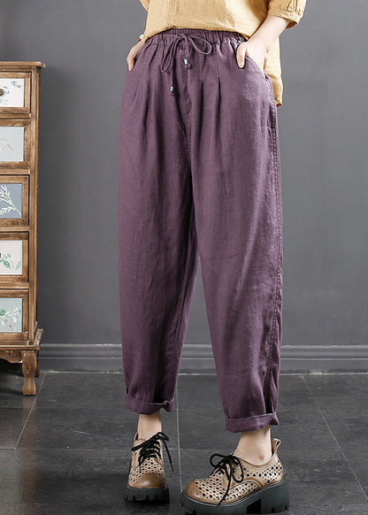 Blue Pockets Cinched Elastic Waist Linen Crop Pants Fall