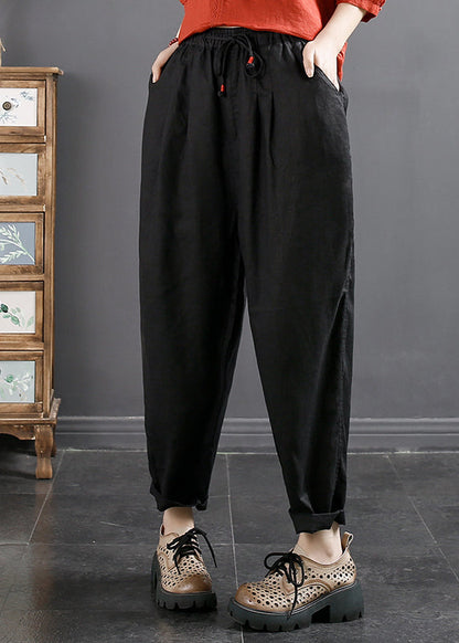 Blue Pockets Cinched Elastic Waist Linen Crop Pants Fall
