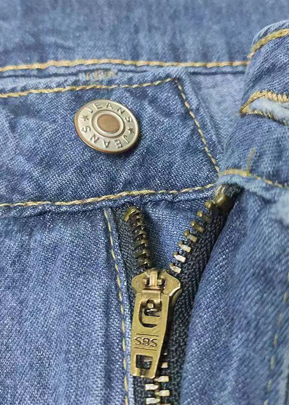 Blue Pockets Denim Wide Leg Pants Spring