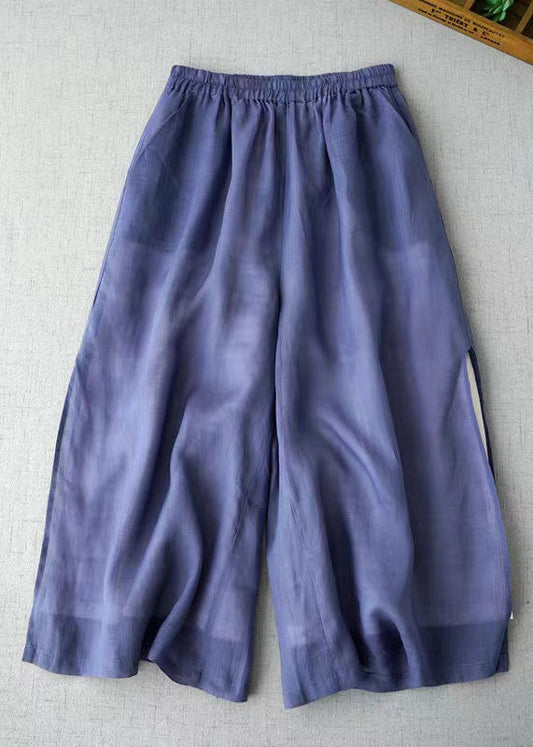 Blue Pockets Elastic Waist Cotton Crop Pants Summer