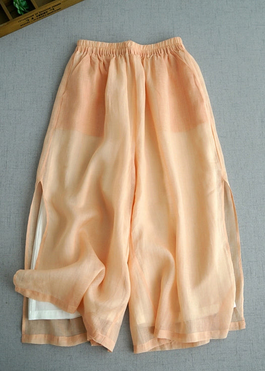 Blue Pockets Elastic Waist Cotton Crop Pants Summer